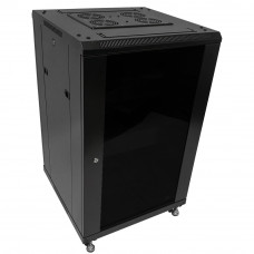 18U A/V and Networking Cabinet - Pre-Loaded with Fan Top, 3 Shelves & Blank Panels - Tapped Rails - Black